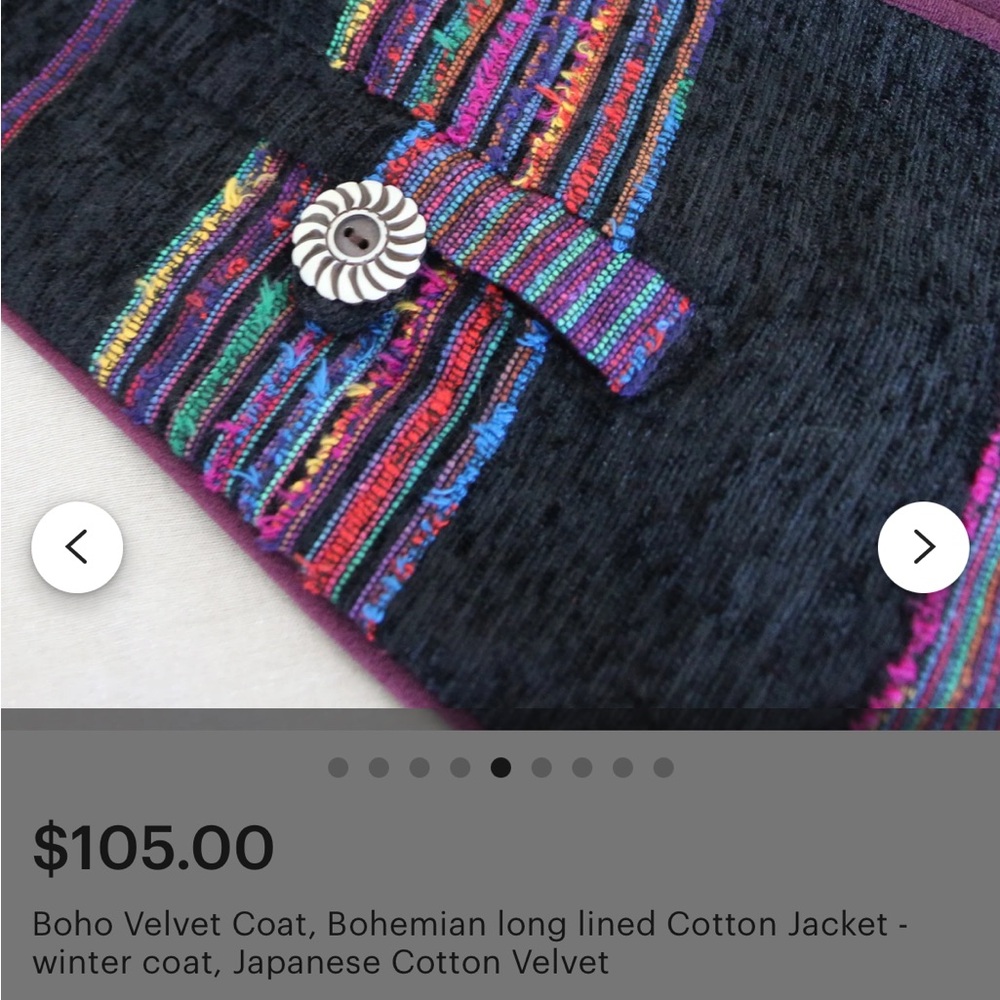 Boho Velvet Coat, Bohemian long lined Cotton Jacket - Picture 4 of 4